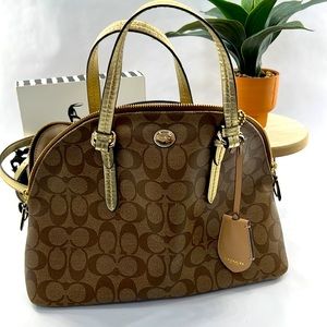 Coach Brown/Tan/Gold Peyton Mini Domed Satchel Purse w/Crossbody Strap